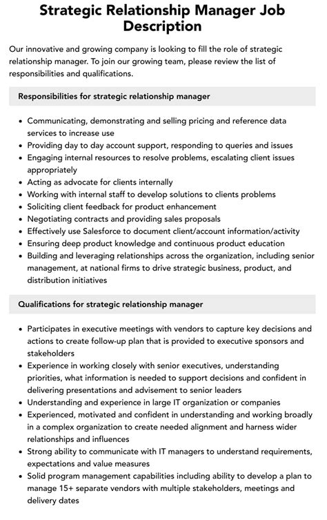 Strategic Relationship Manager Job Description Velvet Jobs