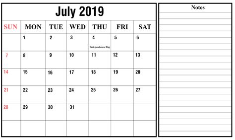 July 2019 Printable Calendar With Notes Calendar 2019 Printable