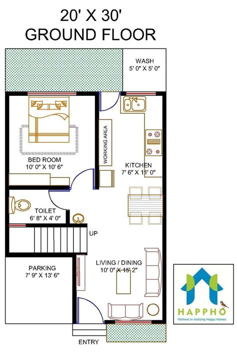 Vastu Complaint 1 Bedroom Bhk Floor Plan For A 20 X 30 Feet Plot 600