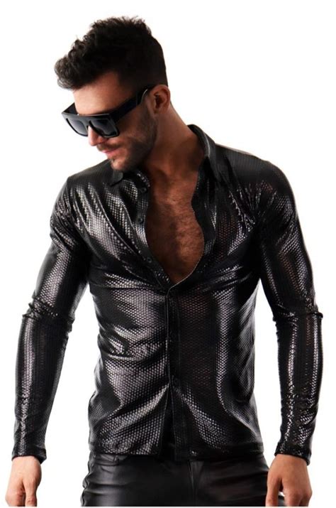 Leather Look Shiny Black Shirt With Embossed Dots Black Shirt Black