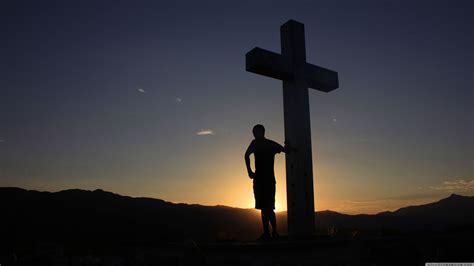 Man Is Standing Near Cross During Sunset 4k Hd Cross Wallpapers Hd