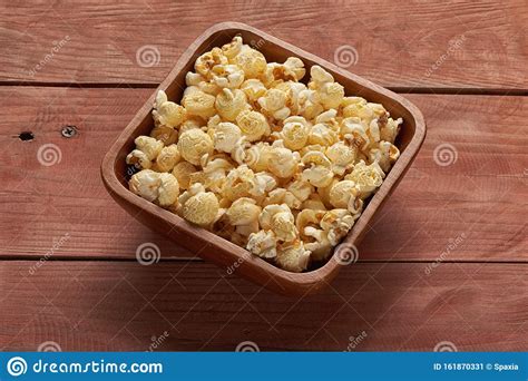 Popcorn In A Bowl On Wooden Table Stock Image Image Of Movie Heap