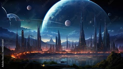 Celestial Metropolis A Dazzling Futuristic Cityscape Under The Glow Of