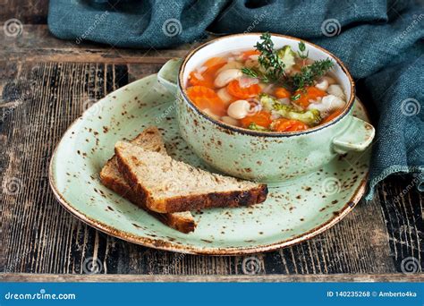 Bowl Of Vegetable Soup With Rye Bread Stock Photo Image Of Homemade