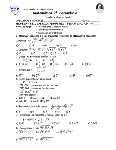Preguntas Prueba Estandarizada De Matematicas 2do Secundaria 2009