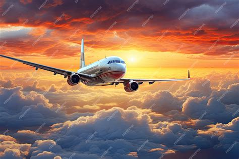 Premium Ai Image Airplane Flying Above The Clouds At Sunset 3d