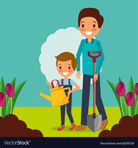 Dad And Son Gardeners With Watering Can Shovel Vector Image