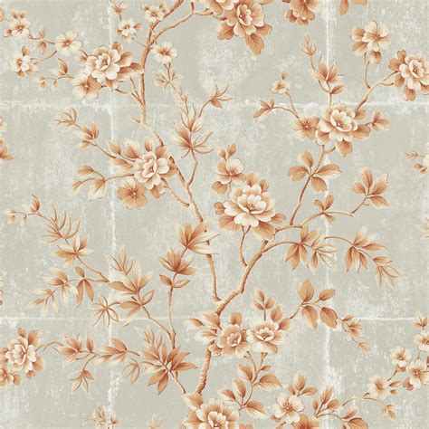 Seabrook Designs Great Wall Metallic Orange And Gray Floral Wallpaper