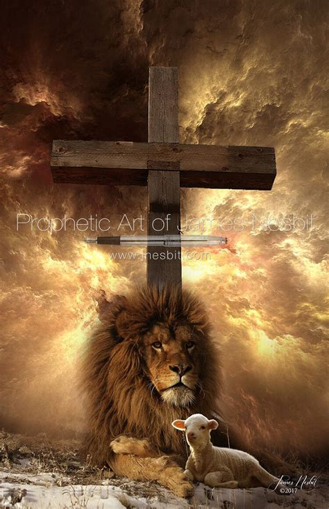 A Lion And Lamb Sitting Under A Cross In Front Of A Dramatic Sky With