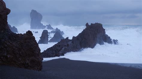 Iceland Ocean Storm And Rock Formations At Djupalonssandur Black Sand