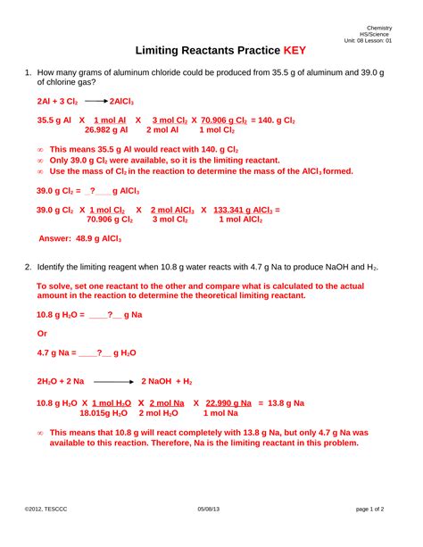 Limiting Reactant Practice Problems Worksheet Answers
