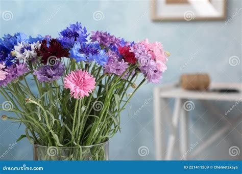 Bouquet Of Beautiful Cornflowers In Vase At Home Closeup Stock Image