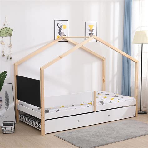 Lit 90x190 blanc et bois aménagez une chambre avec le lit enfant archipel , vous invitez votre garçon ou votre fille aux voyages. Lit cabane 90x190 WOODY / Tableau ardoise, Bois clair et ...