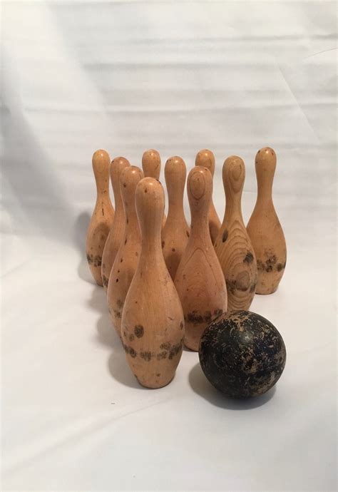 Antique Wooden Bowling Game With Pins And Ball Etsy