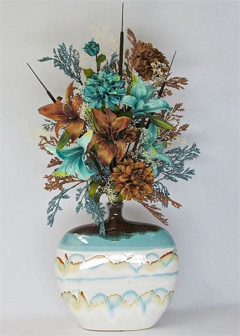 Specializing in small spaces and rentals. Turquoise and Brown Lilies and Dahlias Silk Flower ...