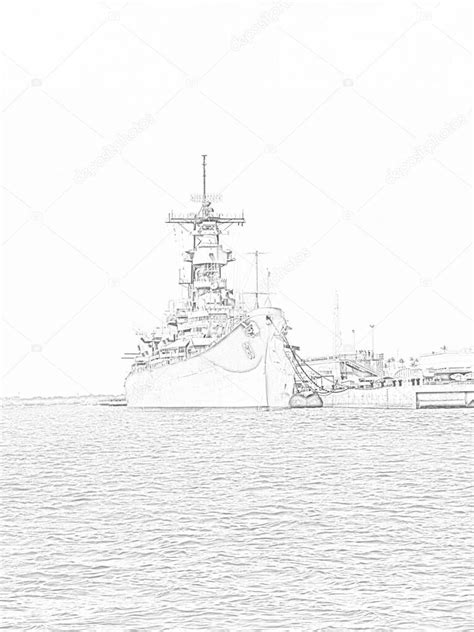 Dibujo a lápiz del acorazado USS Missouri amarrado en Pearl Harbor