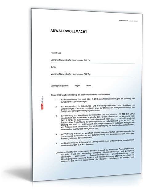 Grundsätzlich muss dem anwalt vom mandanten eine vollmacht erteilt werden. Vollmacht für einen Anwalt • DE Vorlage Download