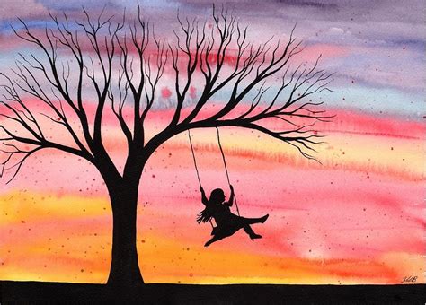 Acrylic paints — acrylic paint is ideal for this subject because the material is opaque, but it can be applied in glazing, or thin layers to build multifaceted brushes — you'll want a variety of brushes for sunset painting. "Sunset Joy - Watercolor silhouette of girl on swing " by klbailey | Redbubble | Watercolor ...