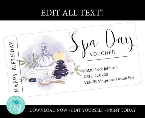 Spa Day T Voucher Printable Editable Spa T Certificate Etsy Spa T Certificate T