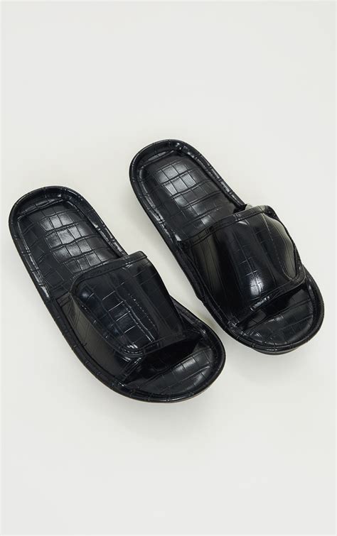 Black Pu Croc Velcro Sliders Shoes Prettylittlething Aus