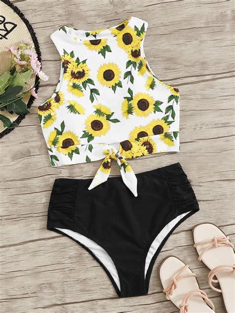 Sunflower Print Knot Hem Top With Ruched Bikini Set Cute Bathing