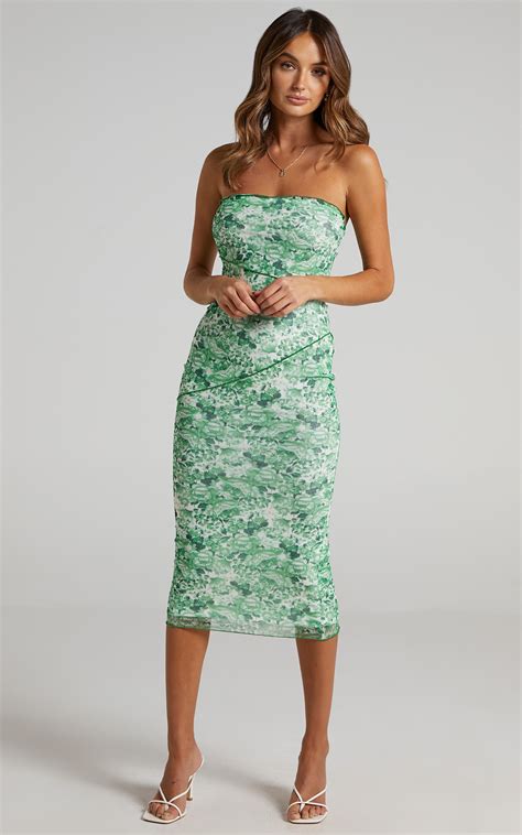 Brunetta Strapless Mesh Midi Dress In Green Furnishing Florals Showpo