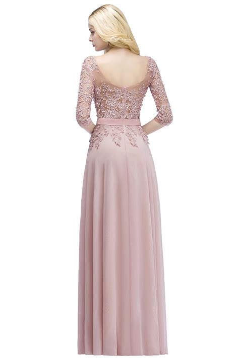 misshow elegant women lace applique tulle 3 4 sleeves long prom evening dresses