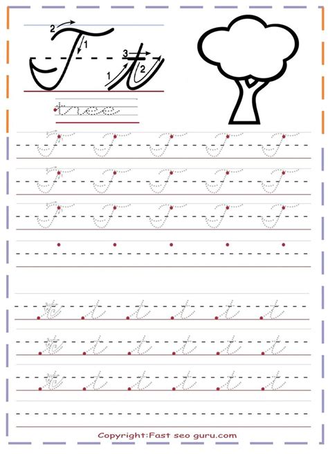 Cursive Handwriting Tracing Worksheets Letter T For Tree In 2020