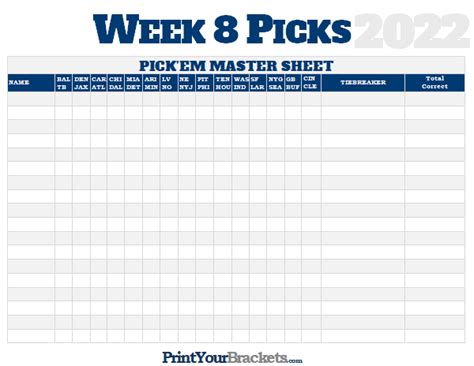 Nfl Week 8 Picks Master Sheet Grid 2022