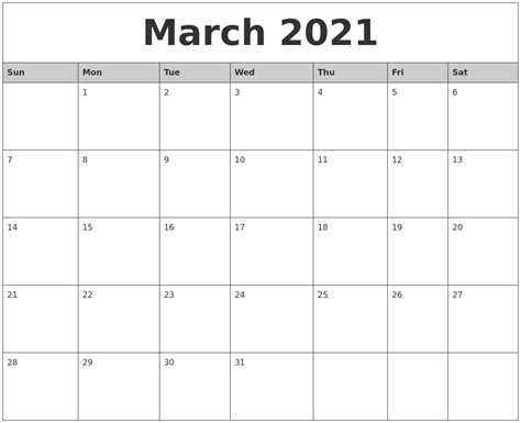 March 2021 Monthly Calendar Printable