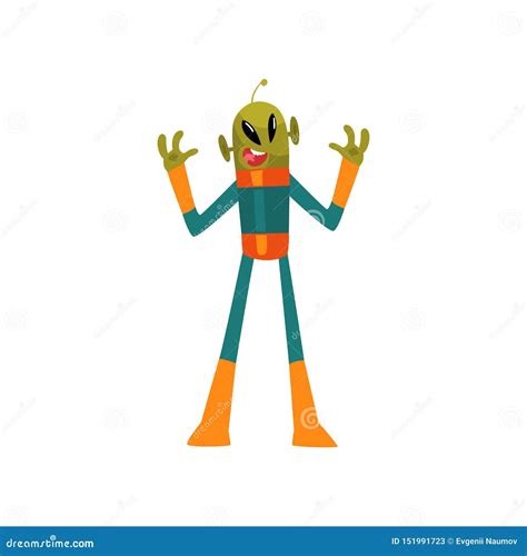 Scary Green Alien Humanoid Cartoon Character With Big Eyes Oval Shape And Small Antenna Wearing