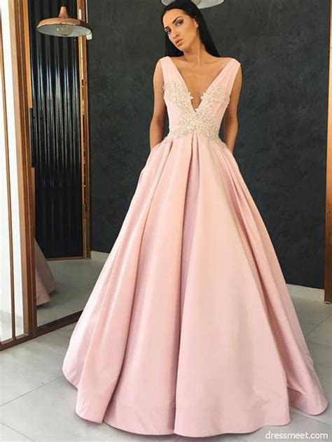 Elegant Ball Gown V Neck Open Back Satin Pink Long Prom Dresses With Appliques Formal Evening