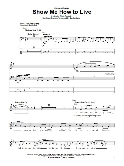 Show Me How To Live Sheet Music Audioslave Bass Guitar Tab