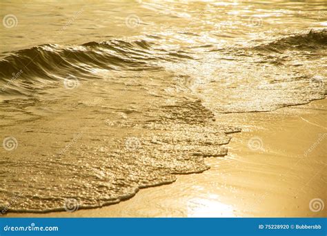 Close Up Golden Sea Wave On The Sandy Beach At Sunset Stock Photo