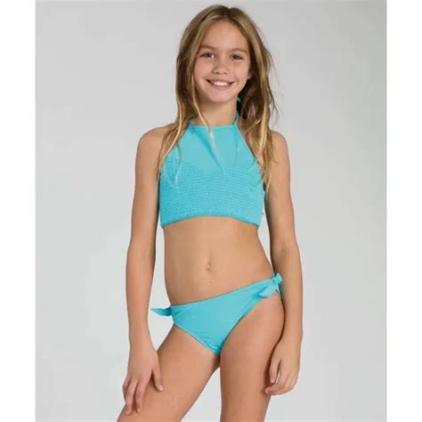 BILLABONG GIRLS SOL Searcher Halter Two Piece Swimsuit Bikini Blue Sz 4