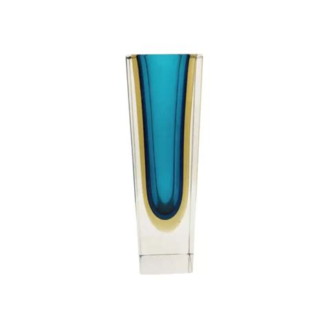 Murano Art Glass Block Vase Mandruzzato Sommerso Blue And Yellow Glass Clear Cased 175 00 Picclick
