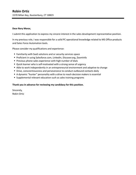 Sales Development Representative Cover Letter Velvet Jobs