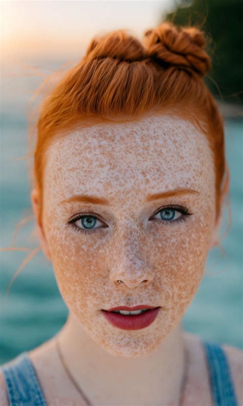 a woman with freckled hair and blue eyes looks at the camera while standing in front of water