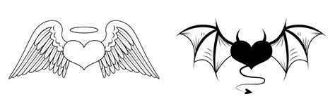 Two Hearts With Angelic And Demonic Wings Angel Heart With Halo Devil