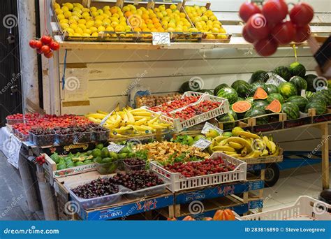 Fresh Fruit Market. Top View Of The Street Market In The Morning With