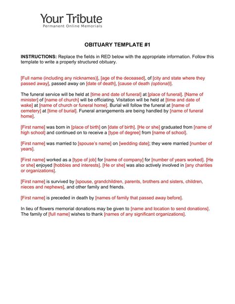 Free Printable Obituary Templates [Word, PDF] & Mother, Father, Grandmother