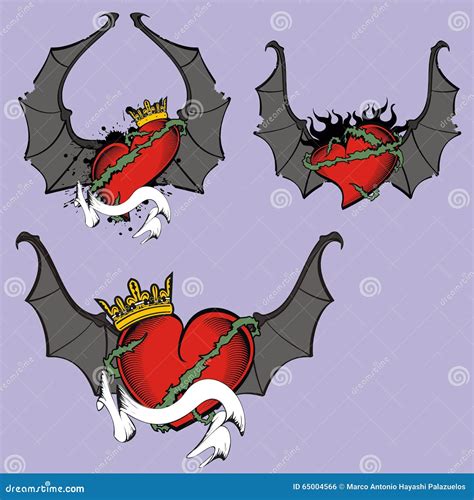 Red Heart Winged Bat Tattoo Set Crown2 Stock Illustration