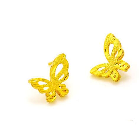 Golden Butterfly Stud Earrings Women K Real Yellow Gold Filled Hollow