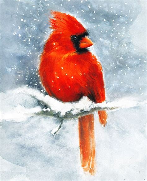 Cardinal Watercolor Art Print Winter Snow Red Bird Painting Etsy