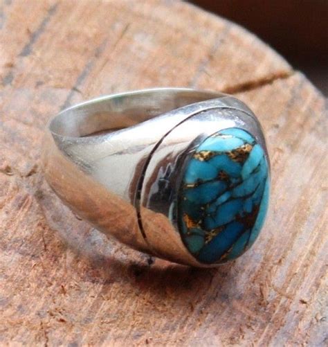 Mens Ring Natural Blue Copper Turquoise Gemstone AAA Quality 925