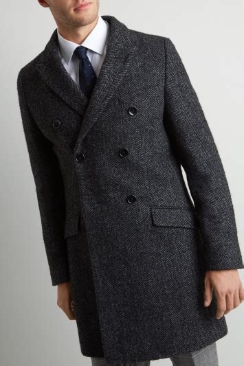 Moss 1851 Tailored Fit Charcoal Herringbone Double Breasted Overcoat