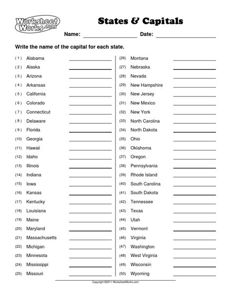 Printable List Of State Capitals Only