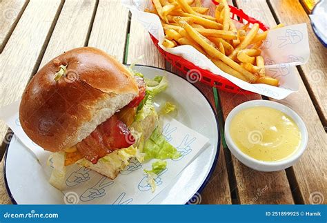 Hamburger French Fries And Mayonnaise On The Table Stock Image Image