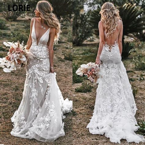 Lorie Vintage Mermaid Wedding Dresses 2020 V Neck Backless Lace Appliques 3d Flowers Country