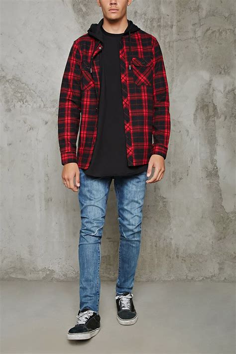 A Woven Flannel Shirt With A Contrast Drawstring Knit Hood Button Cuff